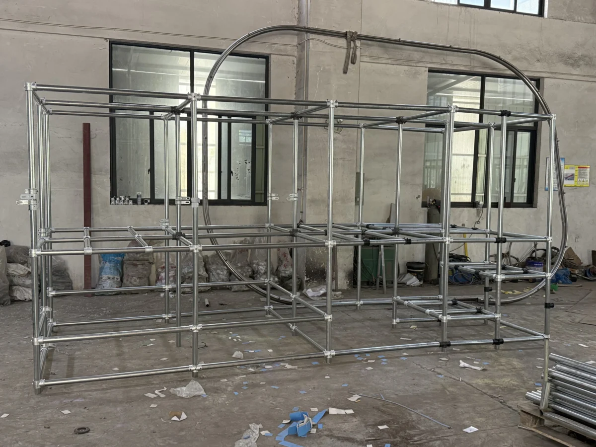 Steel frame pre-assembly test of a custom indoor playground