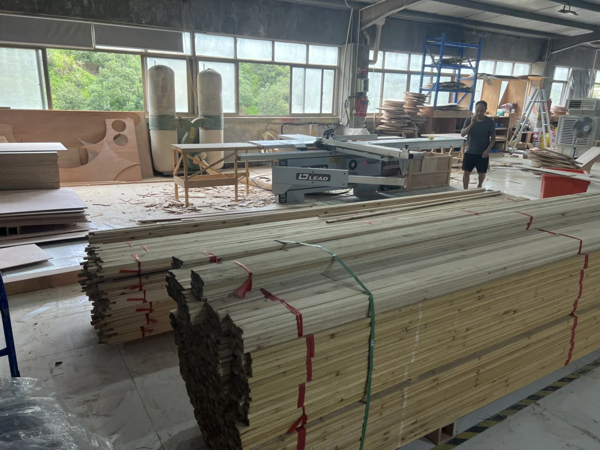 Woodworking workshop cutting timber for indoor playground structures