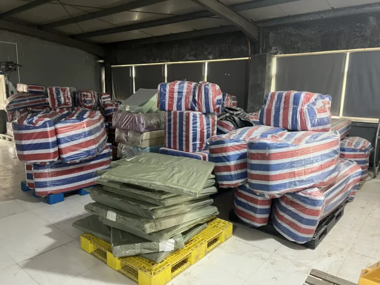 Finished soft play equipment packed on pallets for shipping