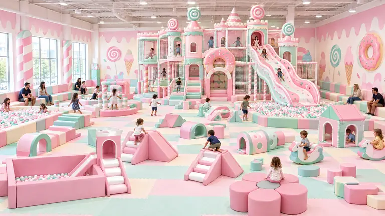 Large candy themed indoor playground with soft play zones and a themed slide structure