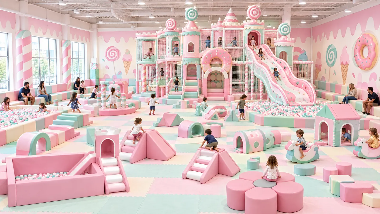 Candy Theme Playground 1 Large candy themed indoor playground with soft play zones and a themed slide structure