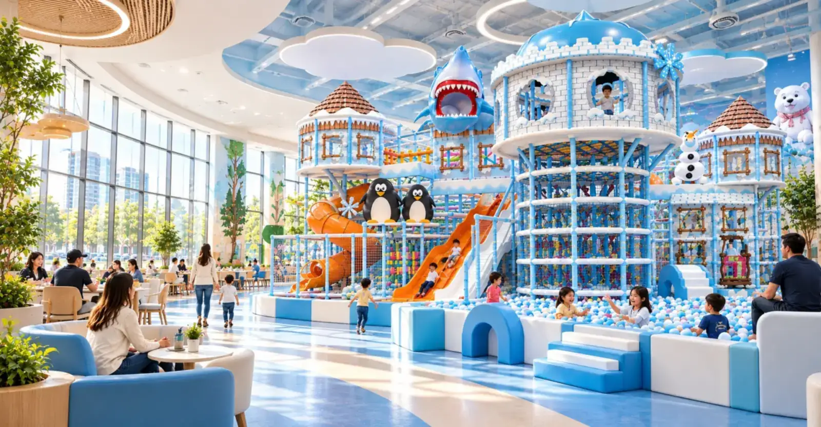 Custom indoor playground with slides, towers and ball pool built by PlayCurator