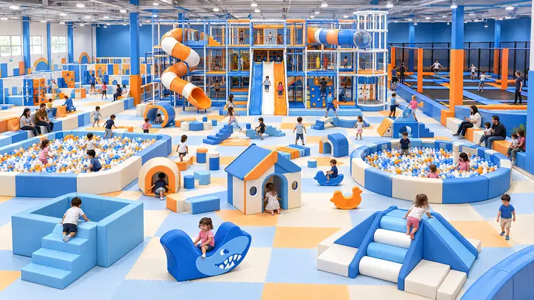 Family entertainment center with large soft play zones, a multi-level structure and a trampoline zone