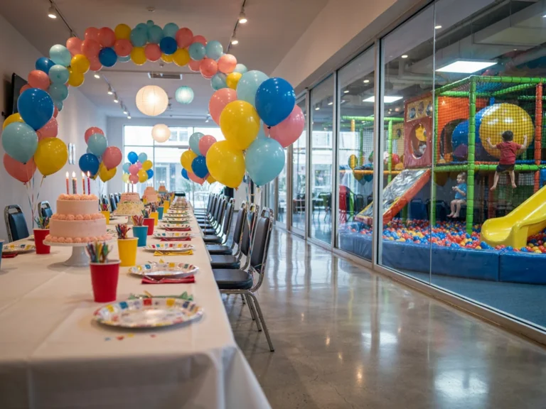 Birthday party room next to an indoor playground