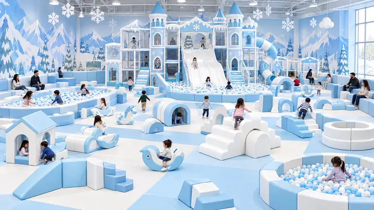 Large ice and snow themed indoor playground with soft play zones and a themed slide structure