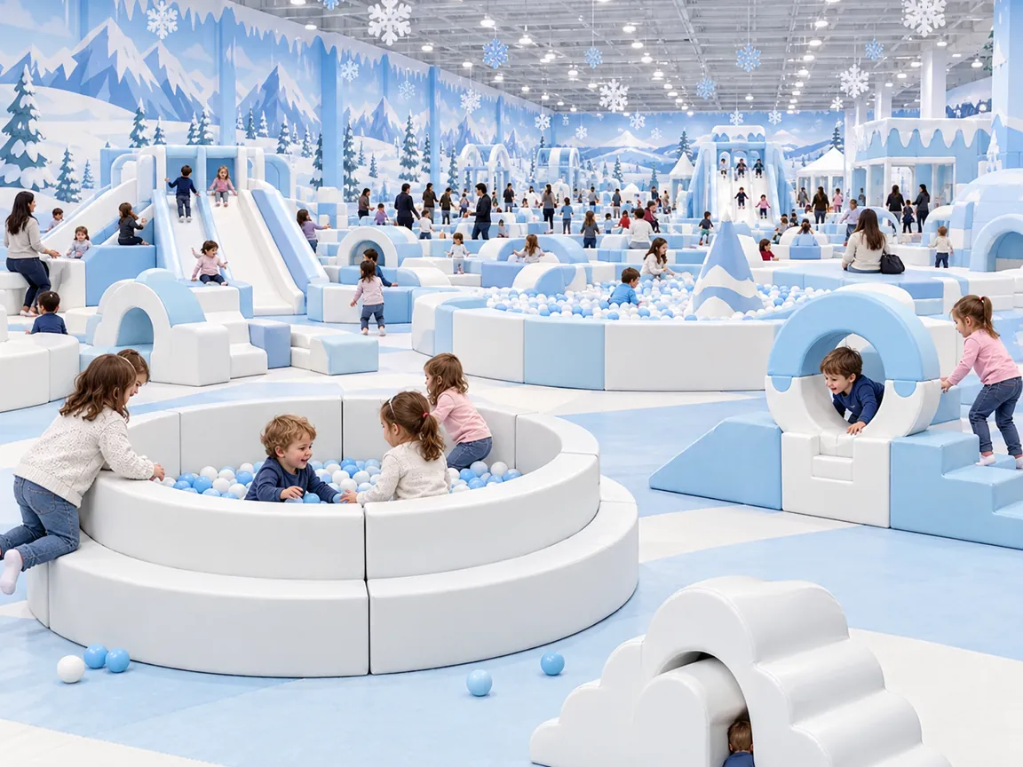 Play zone inside a large ice and snow themed indoor soft play park