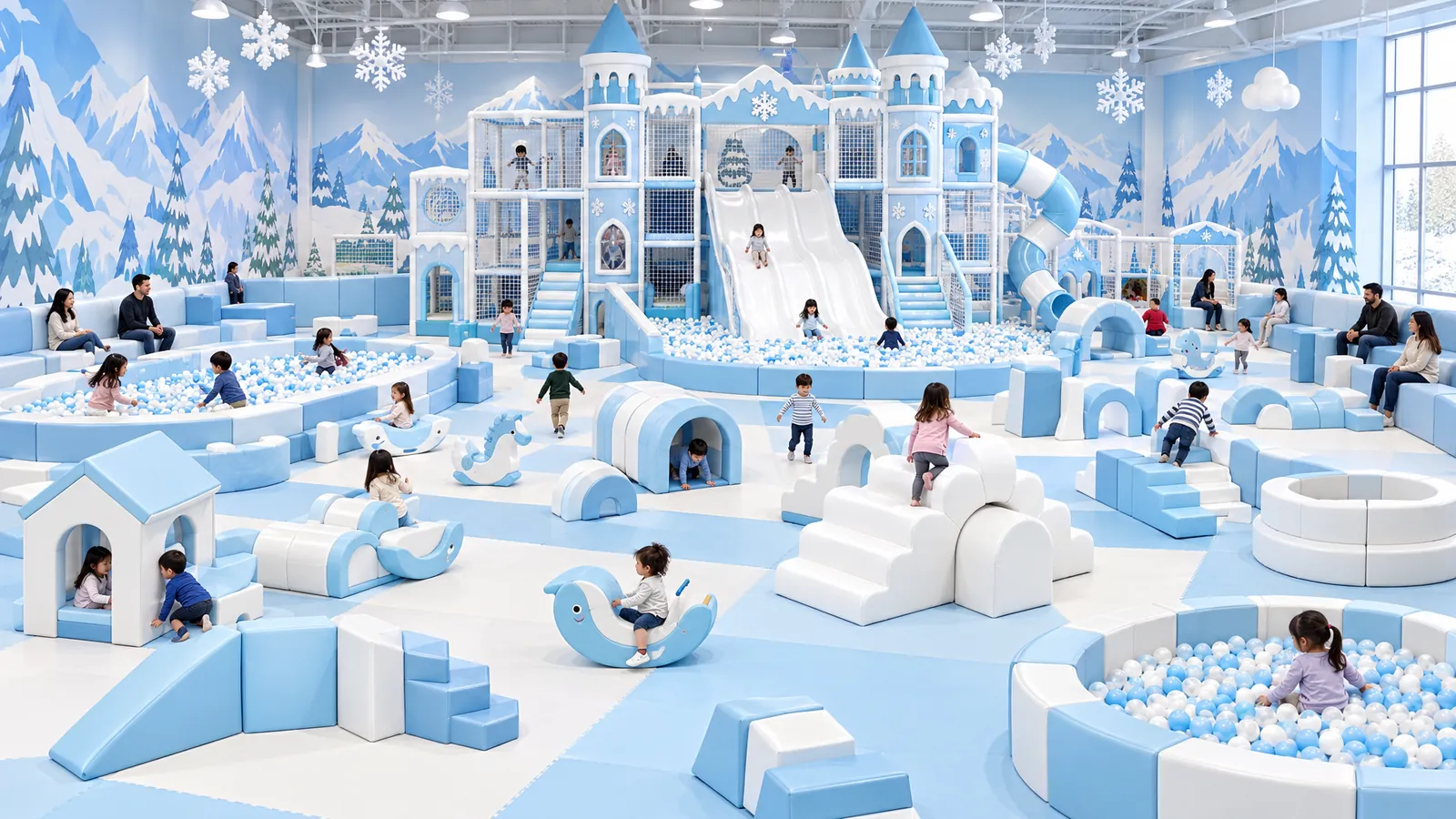 Large ice and snow themed indoor playground with soft play zones and a themed slide structure