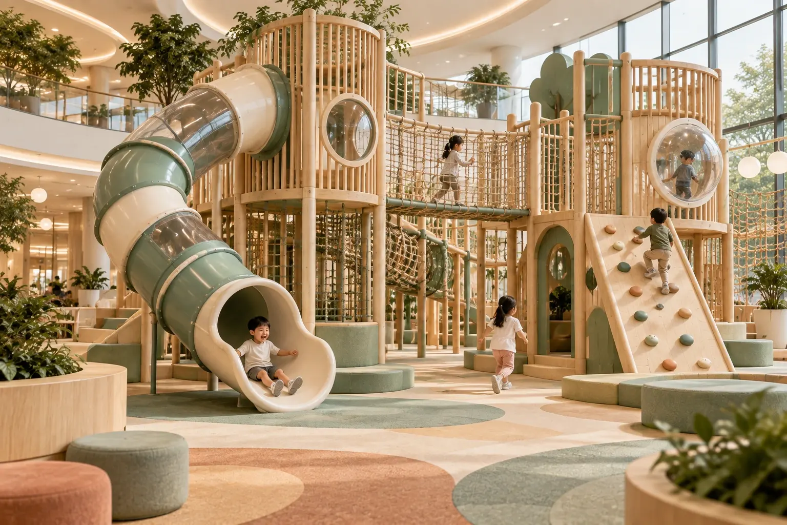 Indoor playground equipment with slides, ball pit and climbing structures