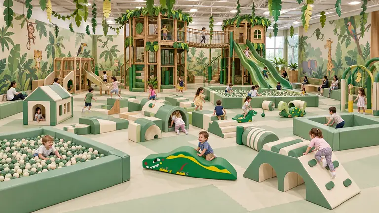 Large jungle themed indoor playground with soft play zones and a themed slide structure