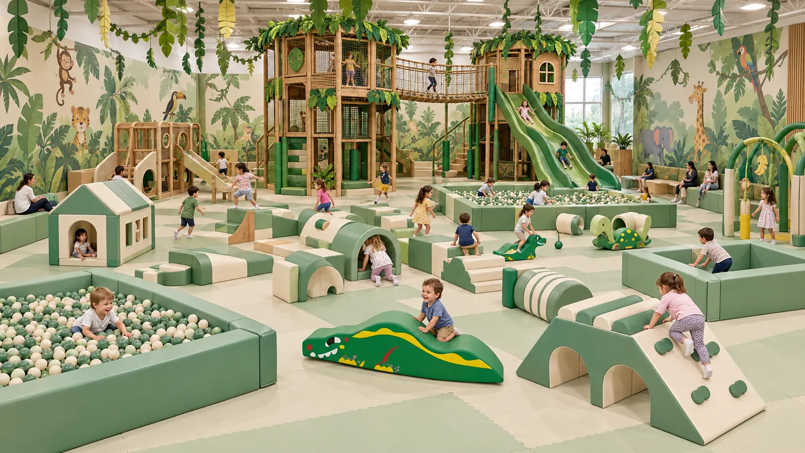 Jungle Theme Playground 1 Large jungle themed indoor playground with soft play zones and a themed slide structure