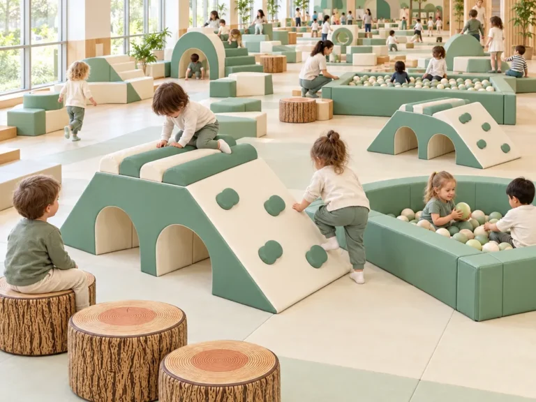 Play zone inside a large kindergarten soft play hall with a teacher and children