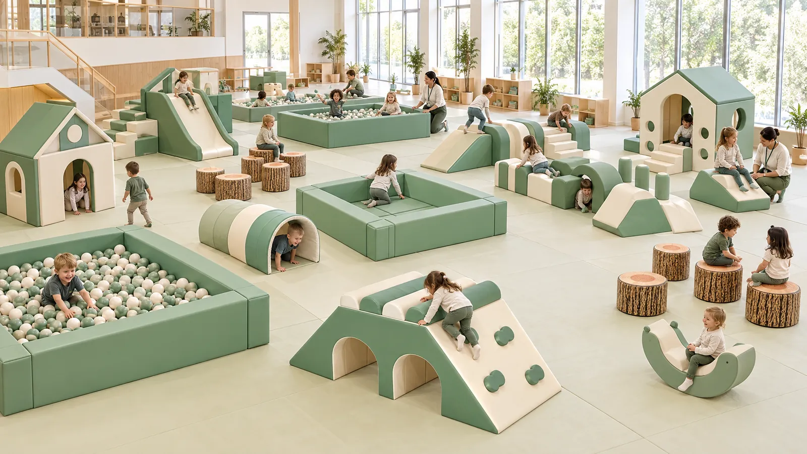 Large kindergarten indoor soft play hall with ball pools, tunnel climbers and soft slides