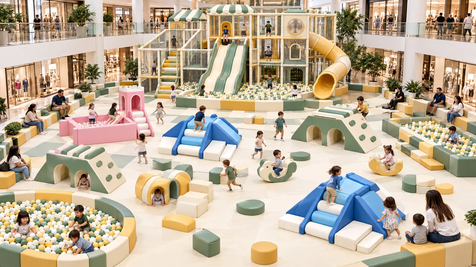 Mall Playground 1 Shopping mall indoor playground with large soft play zones and a multi-level slide structure