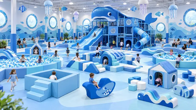 Large ocean themed indoor playground with soft play zones and a themed slide structure
