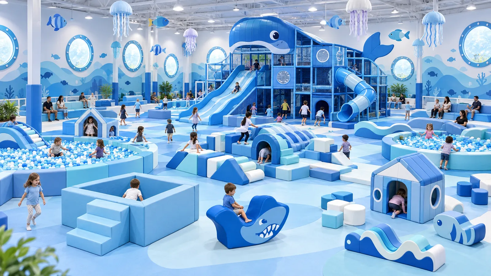 Ocean Theme Playground 1 Large ocean themed indoor playground with soft play zones and a themed slide structure