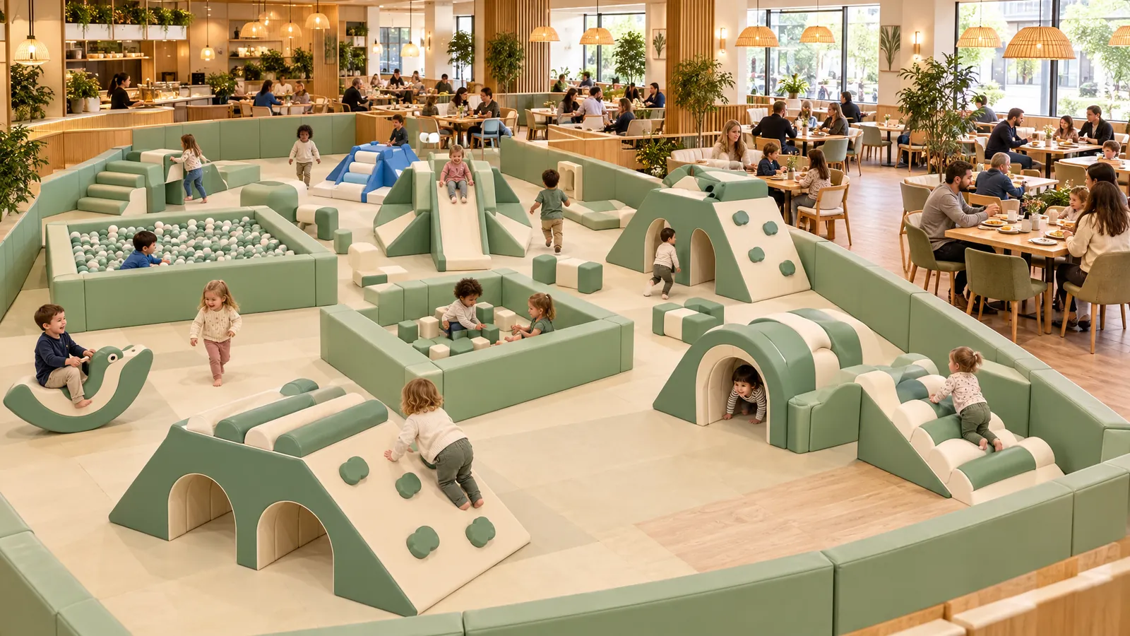 Family restaurant with a large soft play zone beside the dining tables