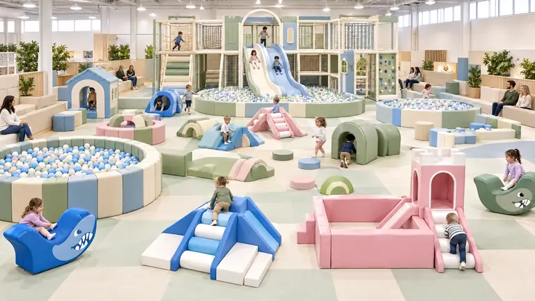 Indoor soft play center with large soft play zones and a two-level play frame with slides