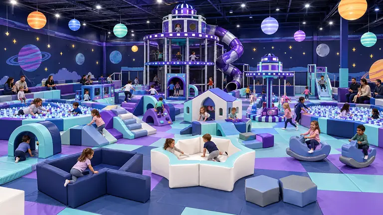 Large space themed indoor playground with soft play zones and a themed slide structure