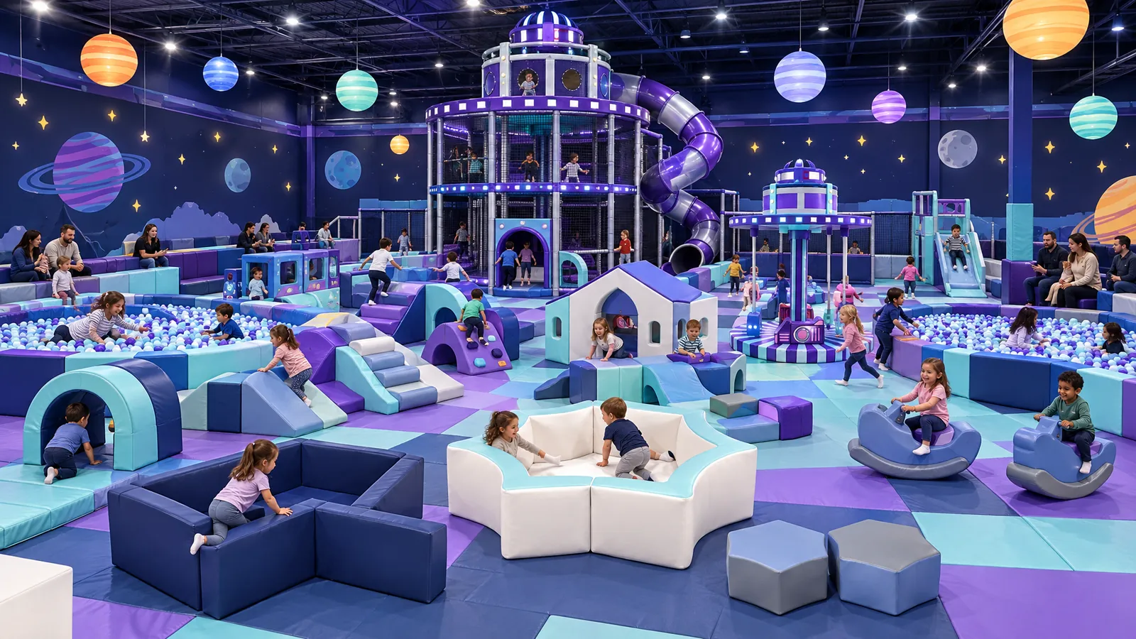 Space Theme Playground 1 Large space themed indoor playground with soft play zones and a themed slide structure