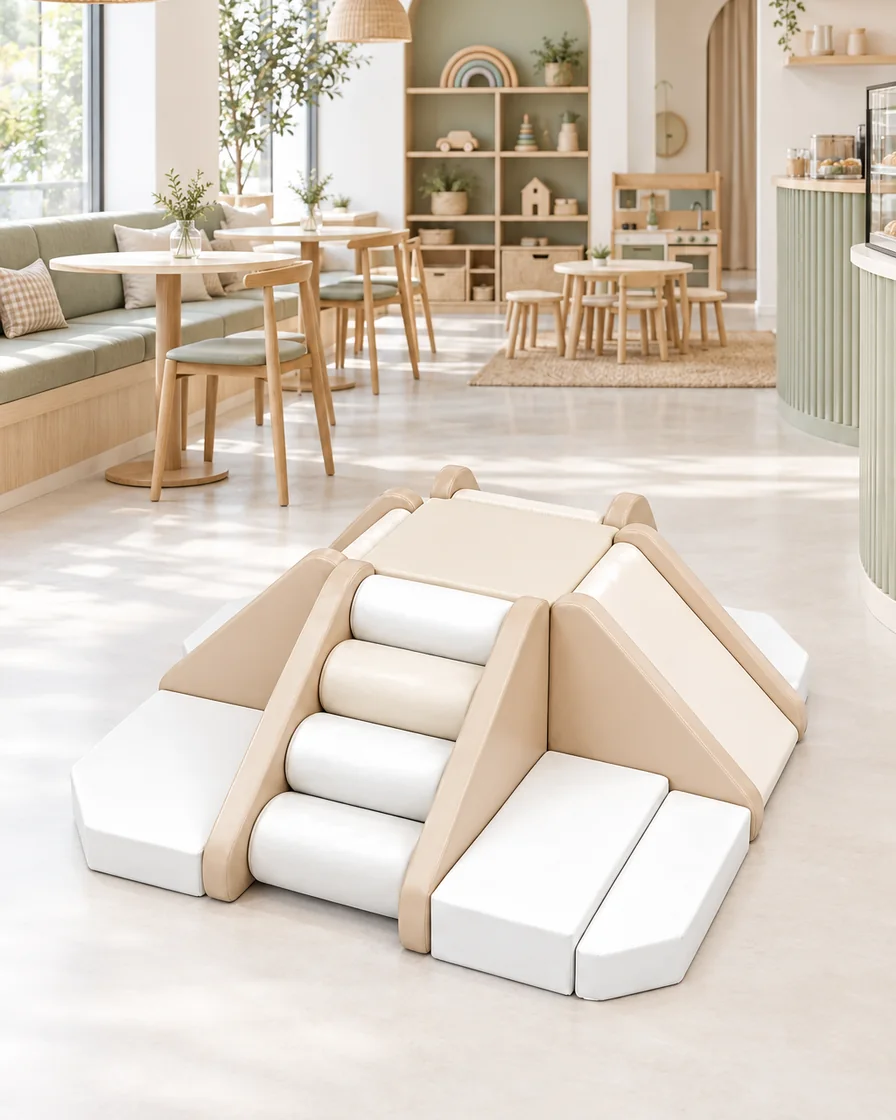 Beige 4-Way Soft Play Climber in a Scandinavian soft play cafe indoor playground