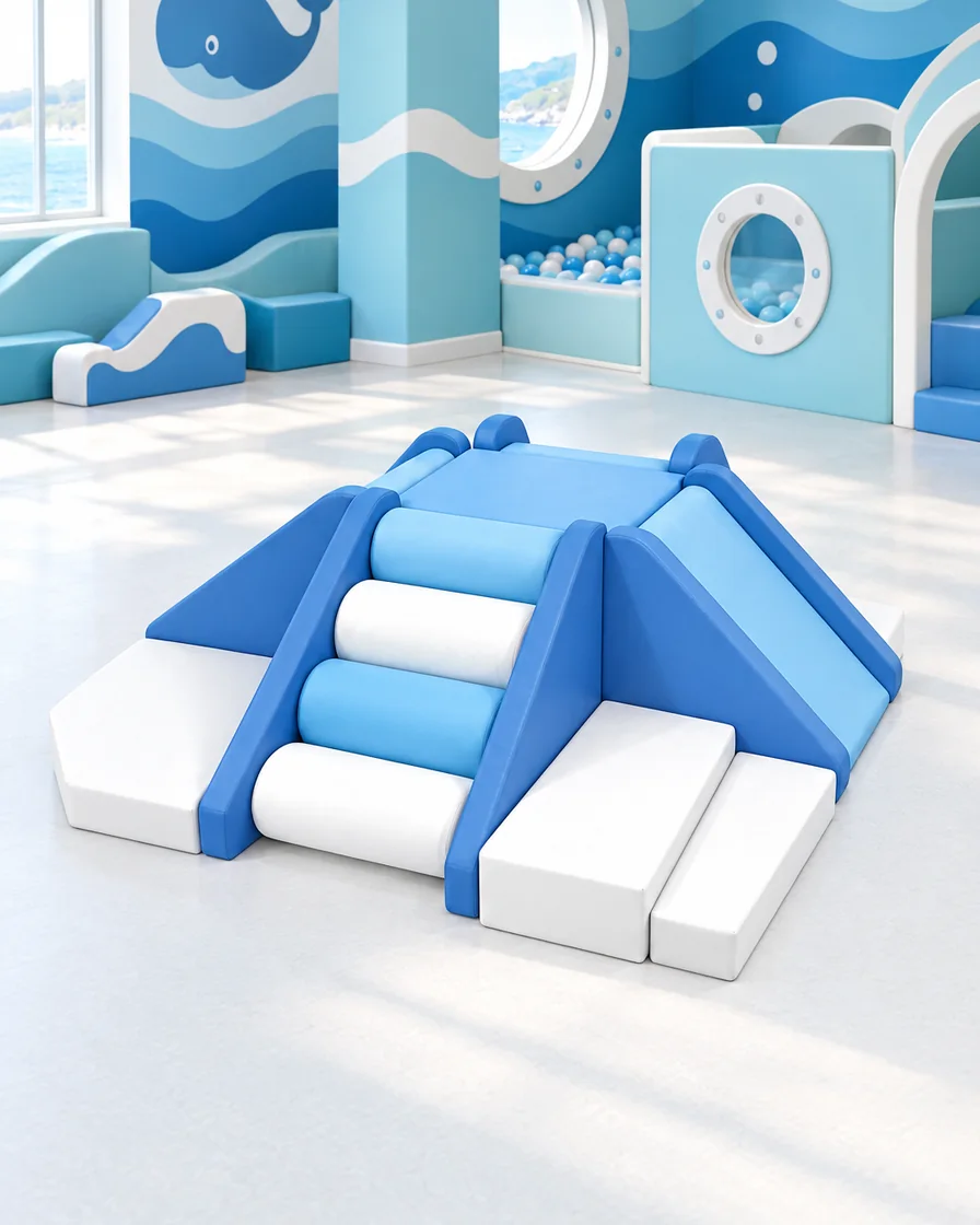 PlayCurator 4-Way Soft Play Climber — Blue & White 1 Blue & White 4-Way Soft Play Climber in a ocean theme indoor playground