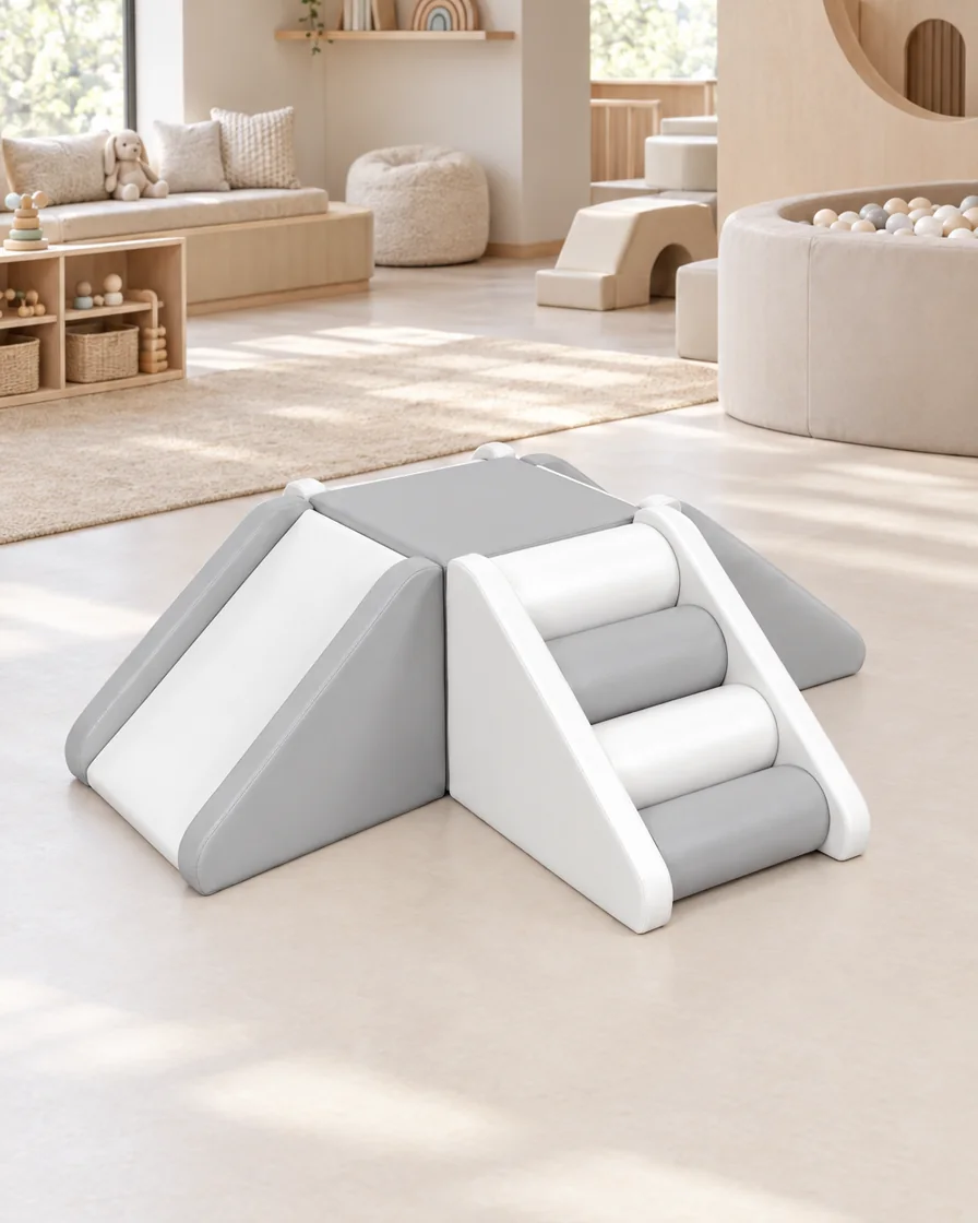 Grey & White 4-Way Soft Play Climber in a soft play center indoor playground