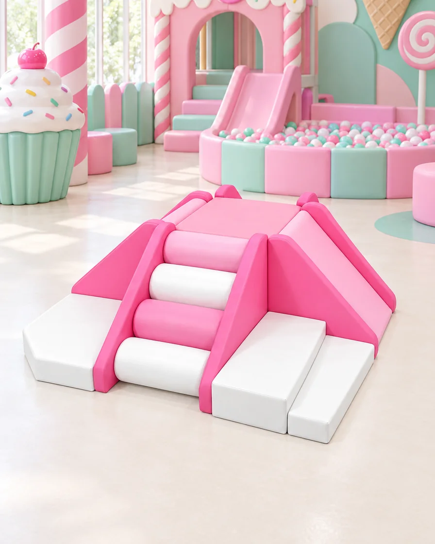 PlayCurator 4-Way Soft Play Climber — Hot Pink & White 1 Hot Pink & White 4-Way Soft Play Climber in a candy theme indoor playground