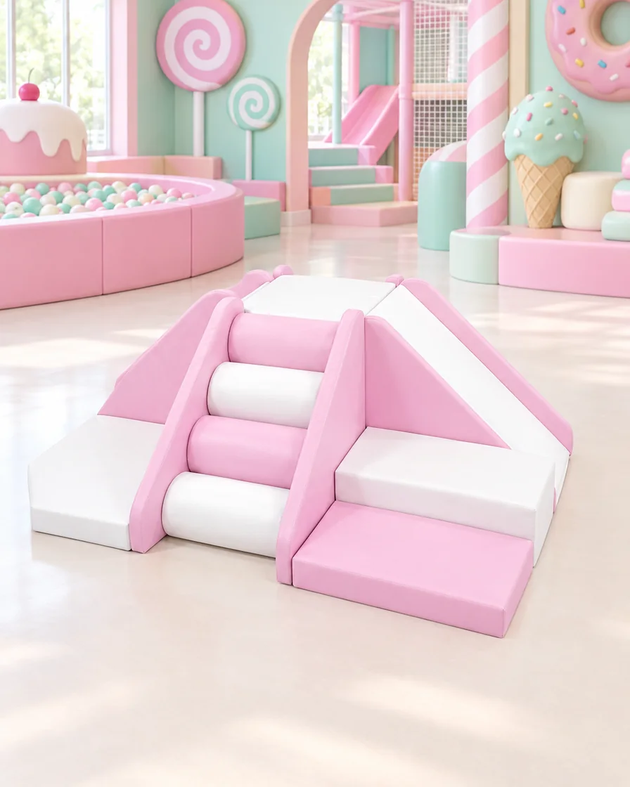 PlayCurator 4-Way Soft Play Climber — Light Pink & White 1 Light Pink & White 4-Way Soft Play Climber in a candy theme indoor playground