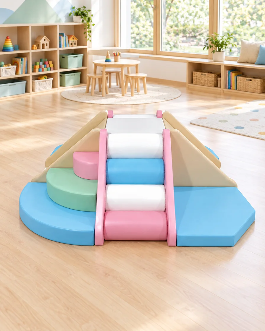 PlayCurator 4-Way Soft Play Climber — Pastel Blue & Beige 1 Pastel Blue & Beige 4-Way Soft Play Climber in a kindergarten playroom indoor playground