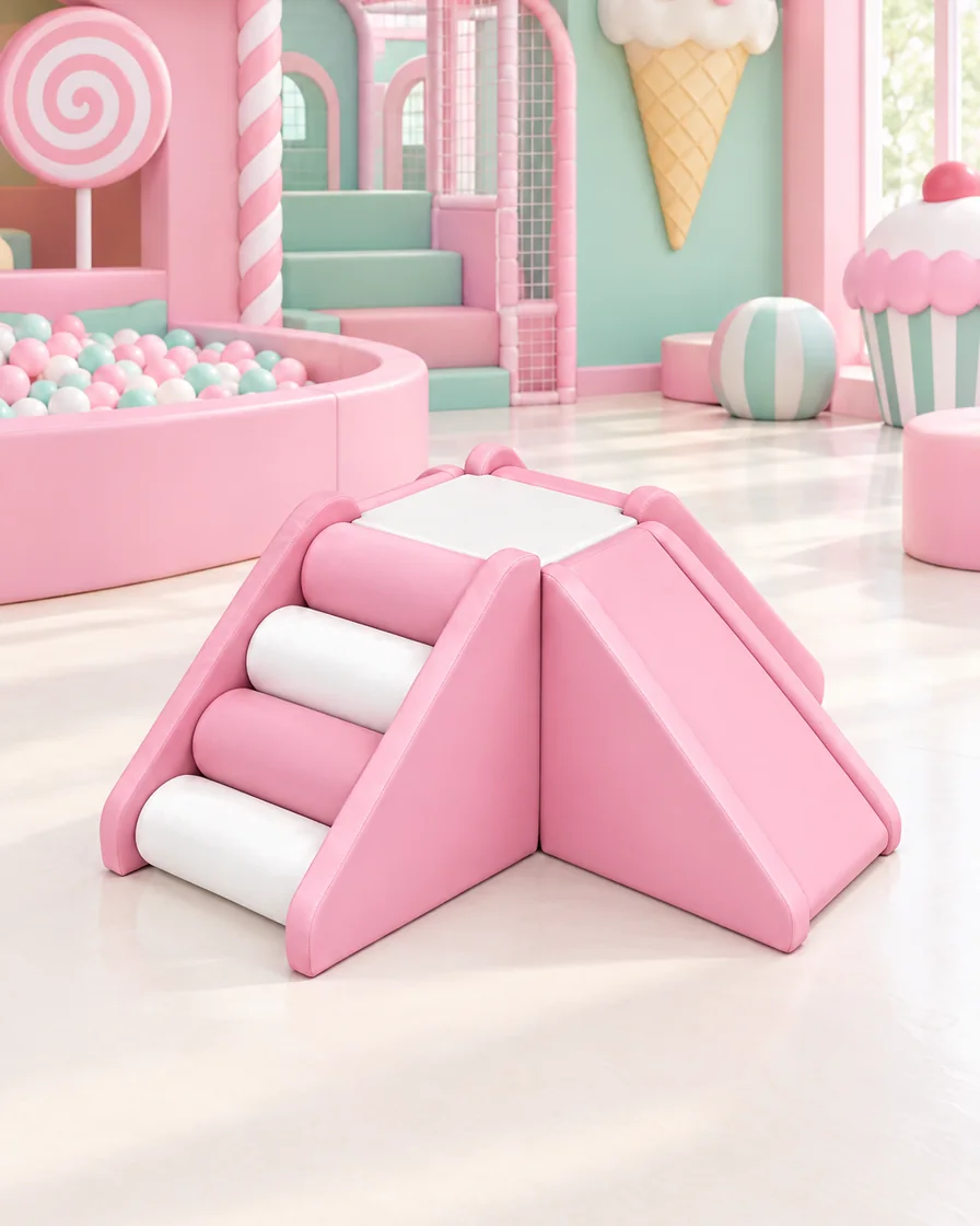 PlayCurator 4-Way Soft Play Climber — Pink & White 1 Pink & White 4-Way Soft Play Climber in a candy theme indoor playground