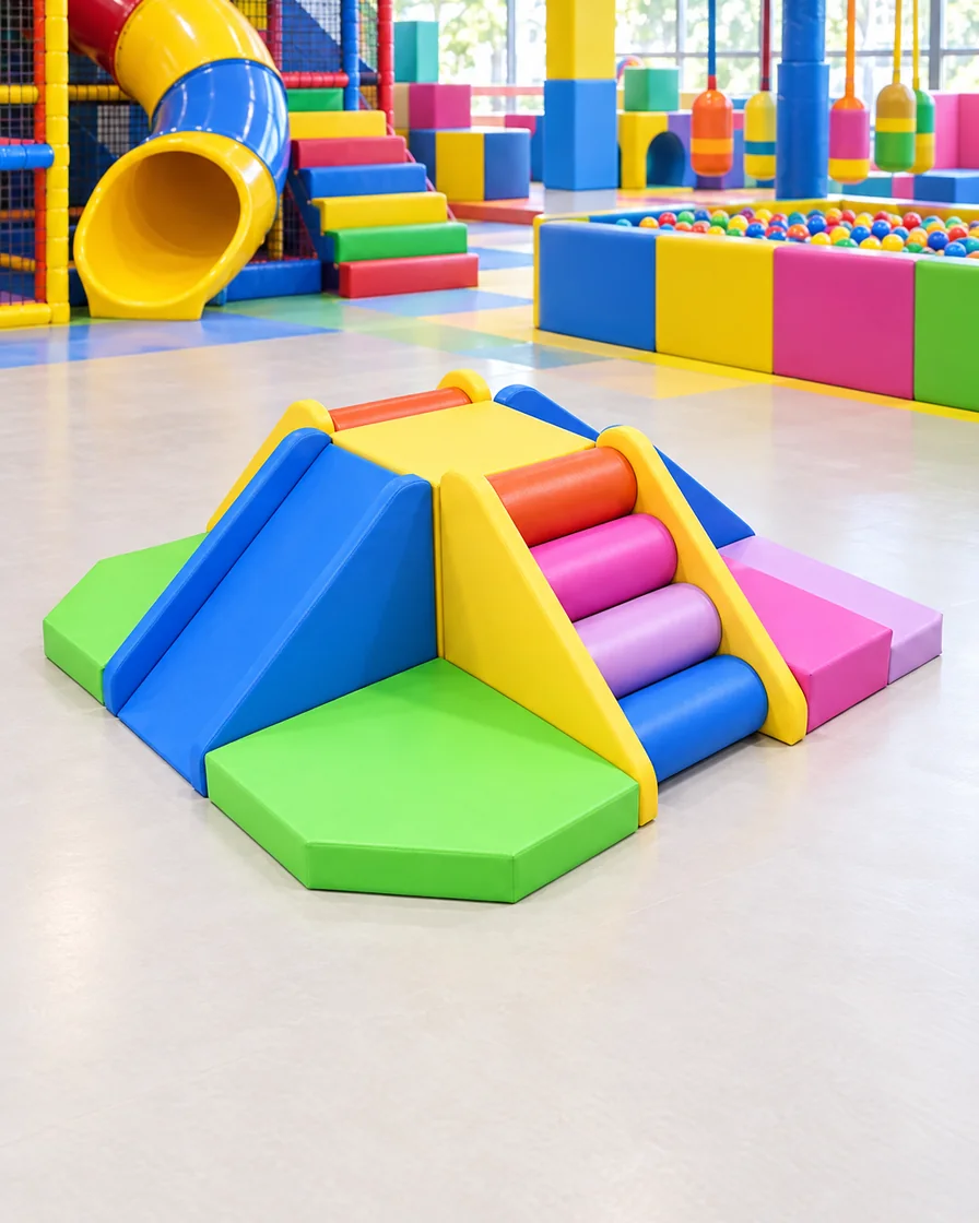 Rainbow 4-Way Soft Play Climber in a family entertainment center indoor playground