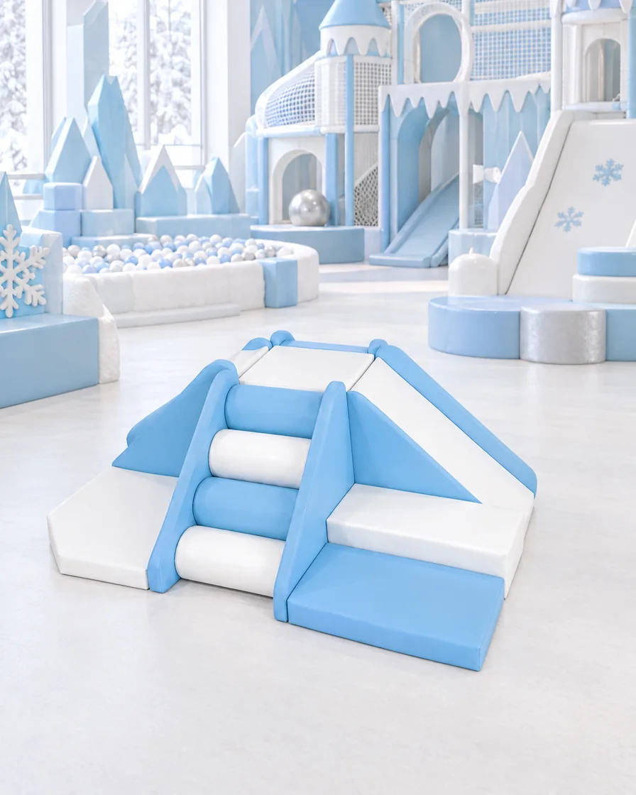 PlayCurator 4-Way Soft Play Climber — Sky Blue & White 1 Sky Blue & White 4-Way Soft Play Climber in a ice and snow theme indoor playground