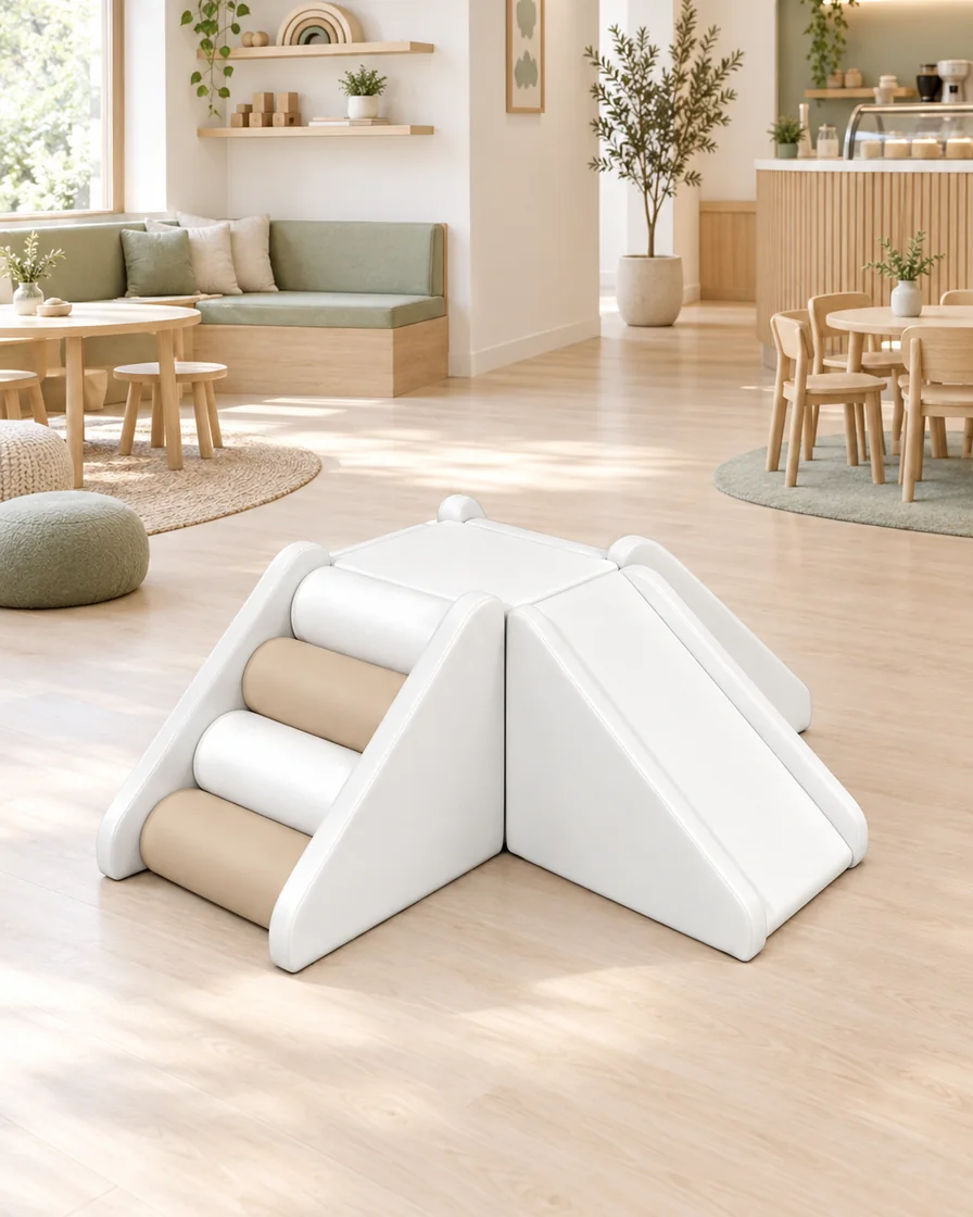 PlayCurator 4-Way Soft Play Climber — White & Beige 1 White & Beige 4-Way Soft Play Climber in a Scandinavian soft play cafe indoor playground