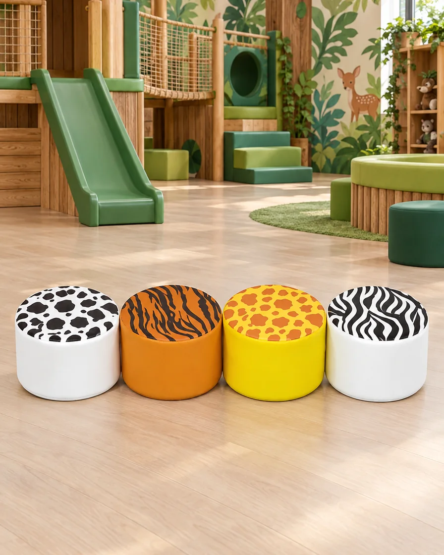PlayCurator Animal Print Soft Play Round Stool — Safari Mix 1 Safari Mix animal Print Soft Play Round Stool in a jungle theme indoor playground