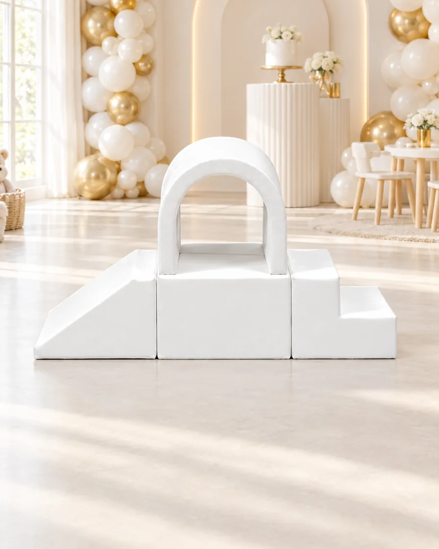 White arch Tunnel Soft Play Climber in a kids party room indoor playground