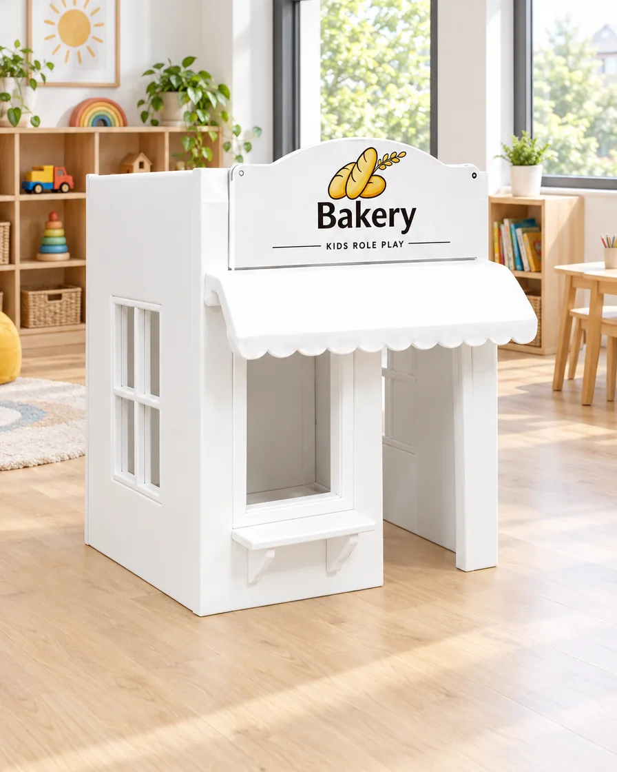 PlayCurator Bakery Role-Play Soft Play Playhouse — White 1 White bakery Role-Play Soft Play Playhouse in a kindergarten playroom indoor playground
