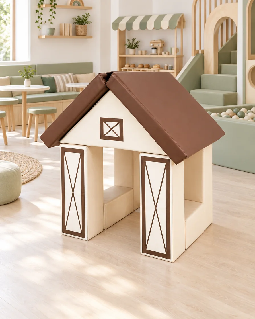 Beige & Brown barn Soft Play Playhouse in a Scandinavian soft play cafe indoor playground