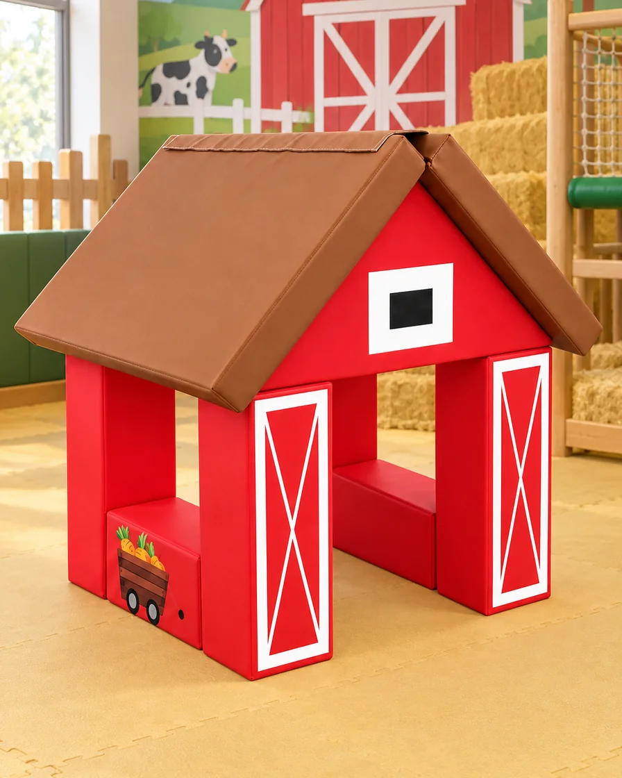 PlayCurator Barn Soft Play Playhouse — Red 1 Red barn Soft Play Playhouse in a farm theme corner indoor playground