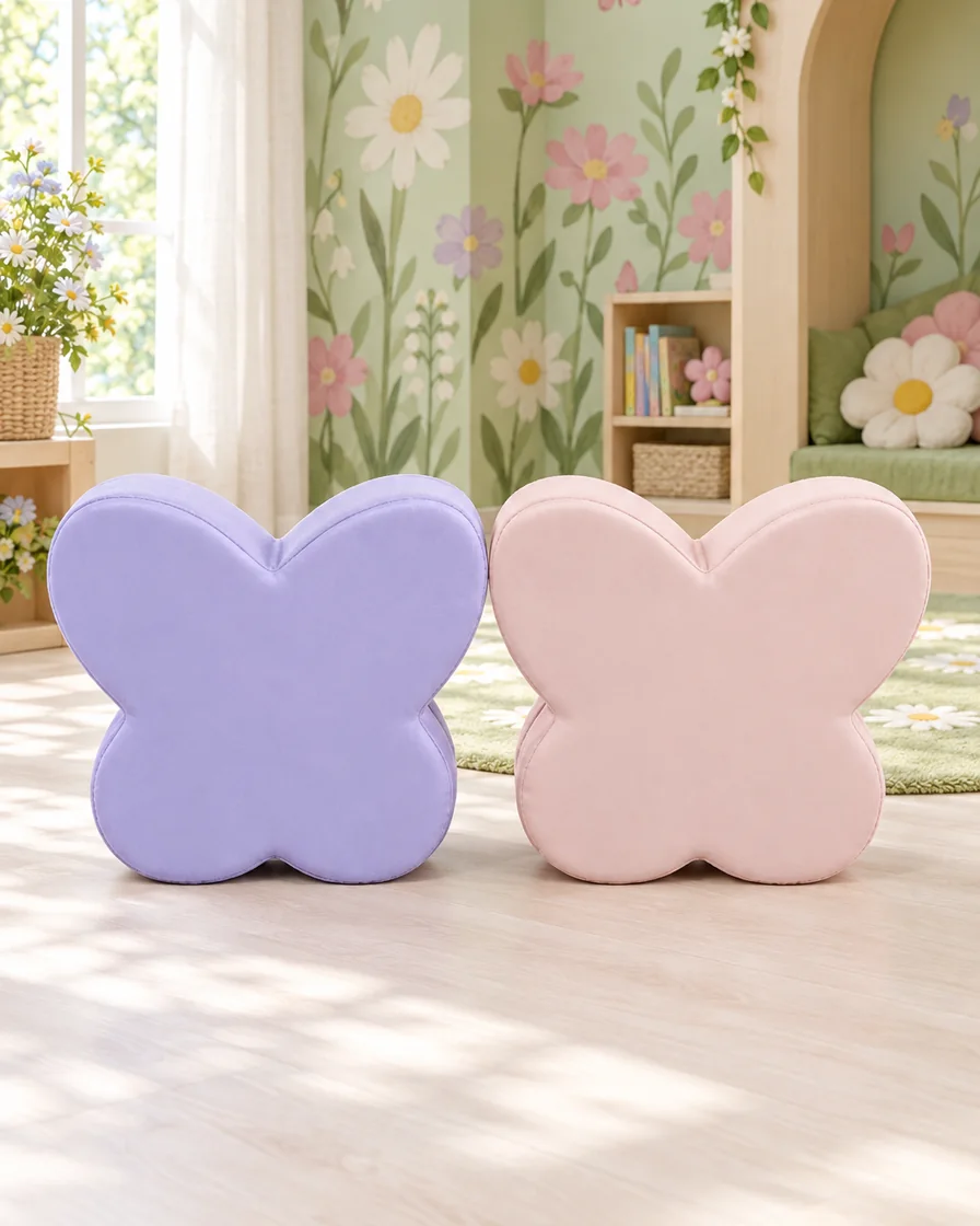 PlayCurator Butterfly Soft Play Seat 1 Butterfly Soft Play Seat in a garden theme corner indoor playground
