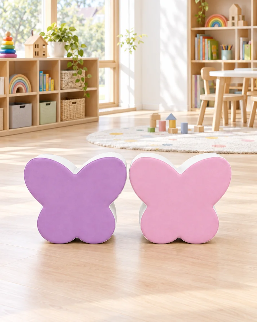 PlayCurator Butterfly Soft Play Stool 1 Butterfly Soft Play Stool in a kindergarten playroom indoor playground