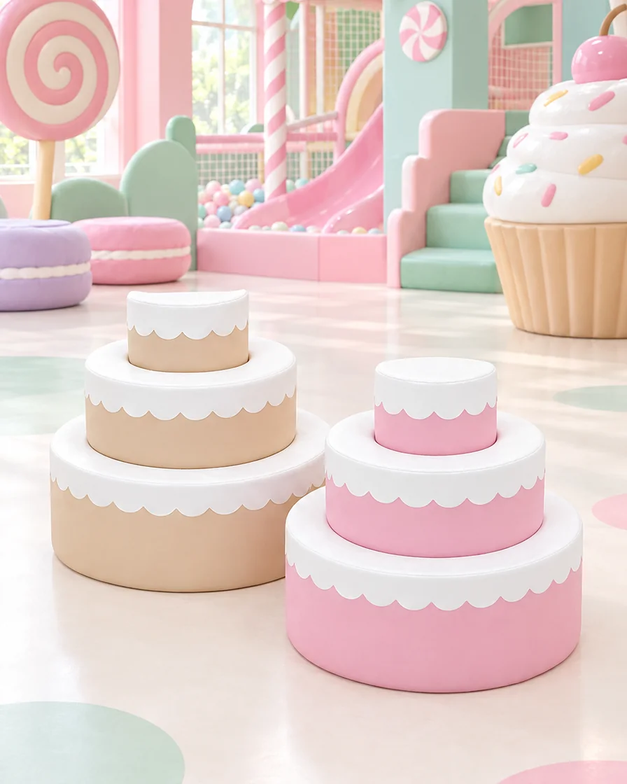 PlayCurator Cake Soft Play Seat Set — Pink & Beige 1 Cake Soft Play Seat Set Pink & Beige in a candy theme indoor playground