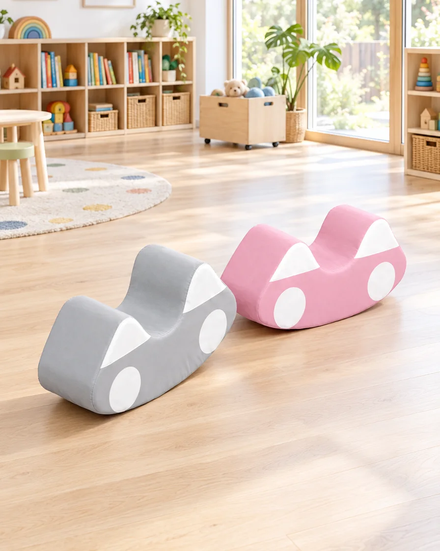 PlayCurator Cartoon Car Soft Play Rocker — Pink & Grey 1 Pink & Grey cartoon Car Soft Play Rocker in a kindergarten playroom indoor playground