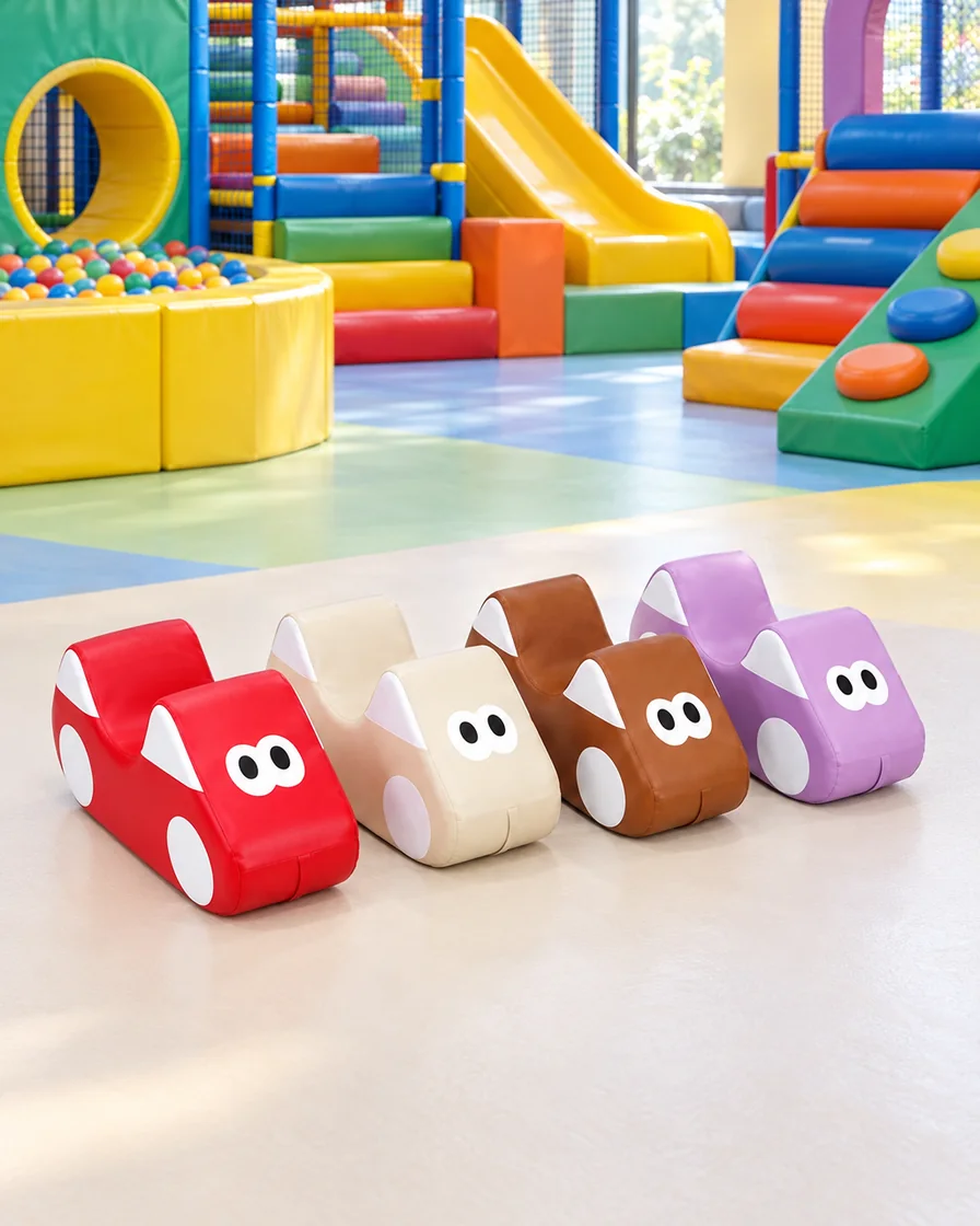 PlayCurator Cartoon Car Soft Play Rocker — Red, Cream, Brown & Lilac 1 Red, Cream, Brown & Lilac cartoon Car Soft Play Rocker in a family entertainment center indoor playground