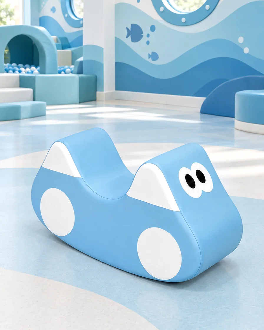 Sky Blue cartoon Car Soft Play Rocker in a ocean theme indoor playground