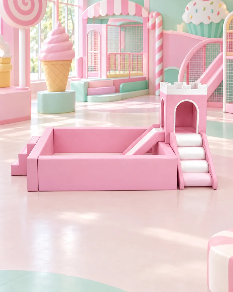 PlayCurator Castle Soft Play Ball Pit with Slide — Pink 1 Pink castle Soft Play Ball Pit with Slide in a candy theme indoor playground