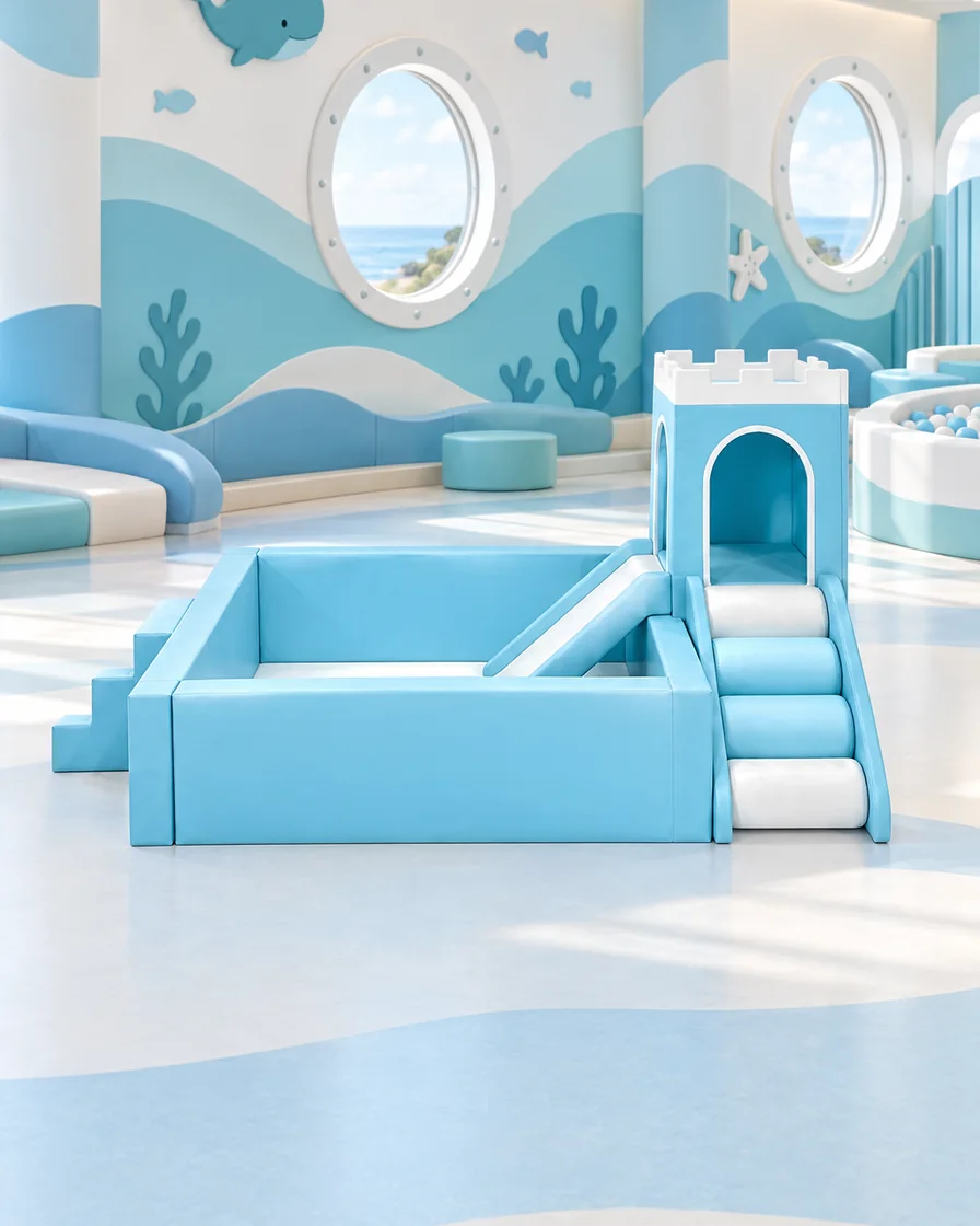PlayCurator Castle Soft Play Ball Pit with Slide — Sky Blue 1 Sky Blue castle Soft Play Ball Pit with Slide in a ocean theme indoor playground