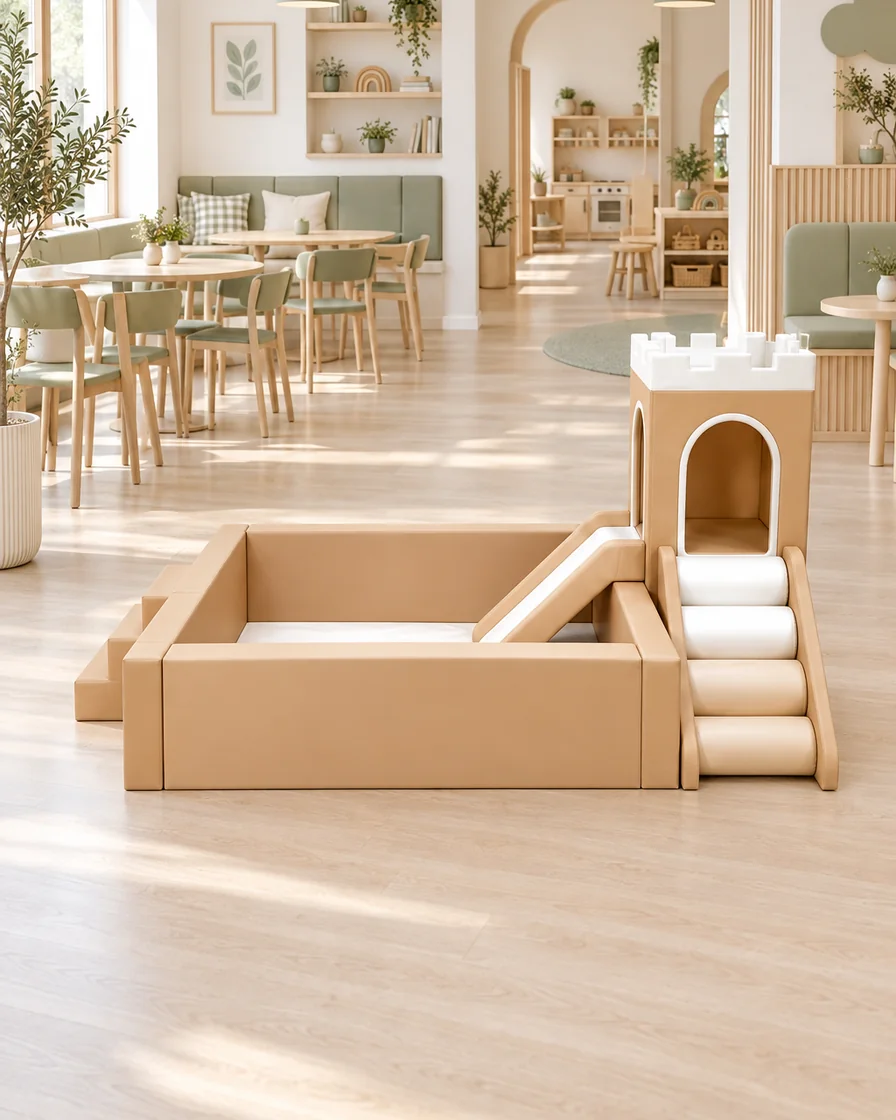 Tan castle Soft Play Ball Pit with Slide in a Scandinavian soft play cafe indoor playground