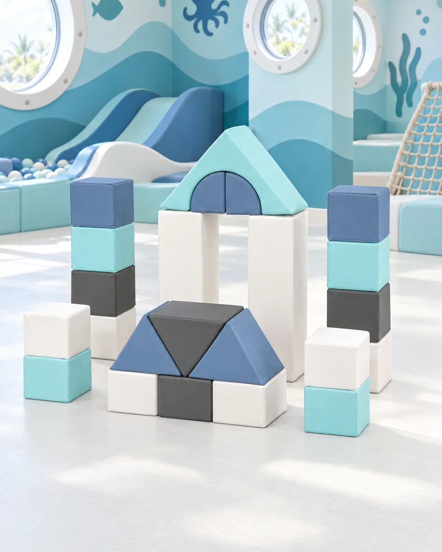 PlayCurator Castle Soft Play Block Set — Blue & Grey 1 Blue & Grey castle Soft Play Block Set in a ocean theme indoor playground