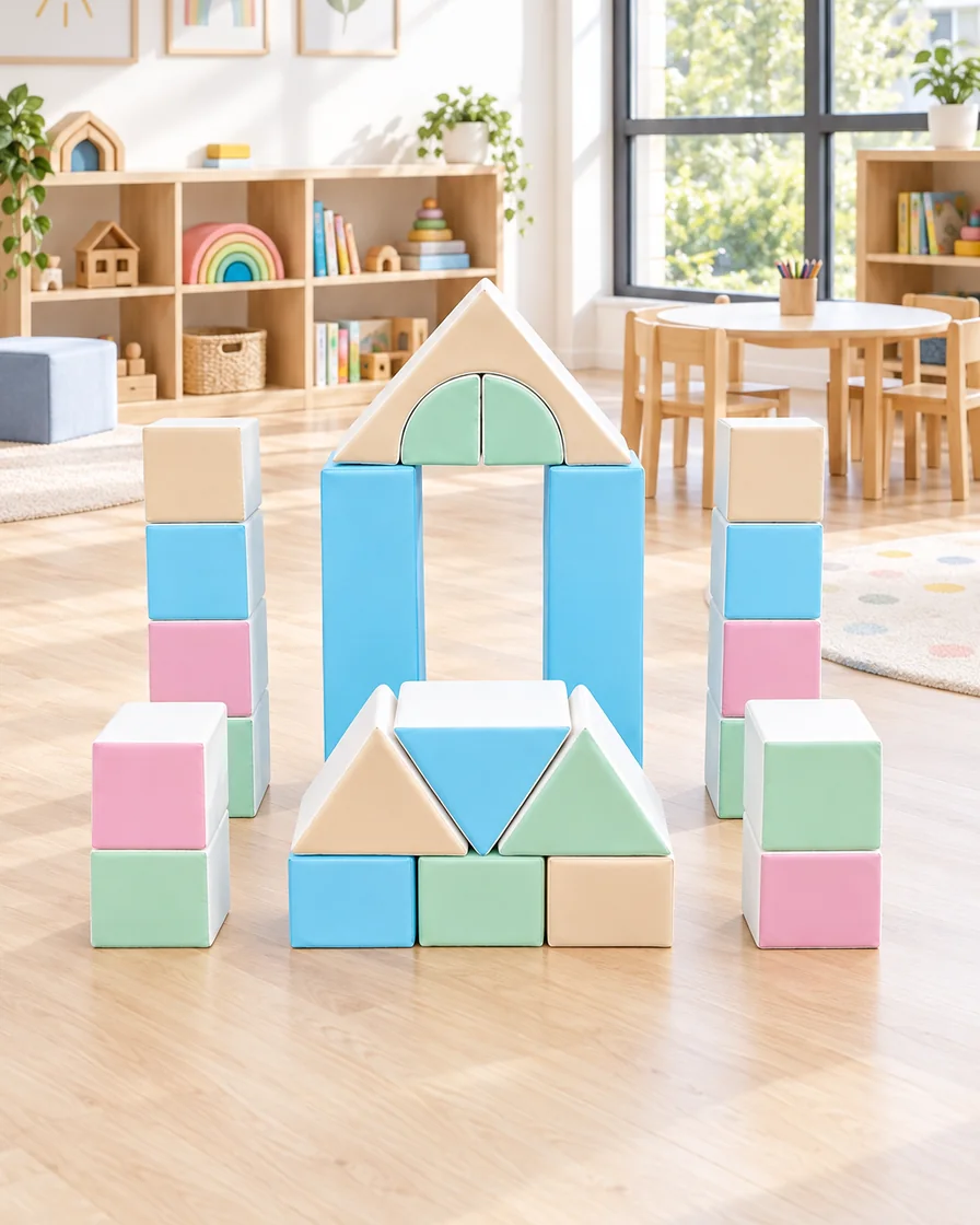 Pastel Blue & Mint castle Soft Play Block Set in a kindergarten playroom indoor playground