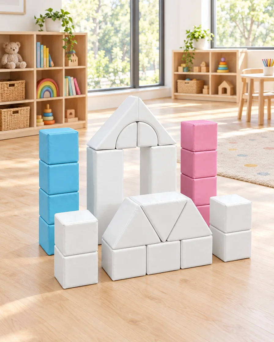 Pastel castle Soft Play Block Set in a kindergarten playroom indoor playground